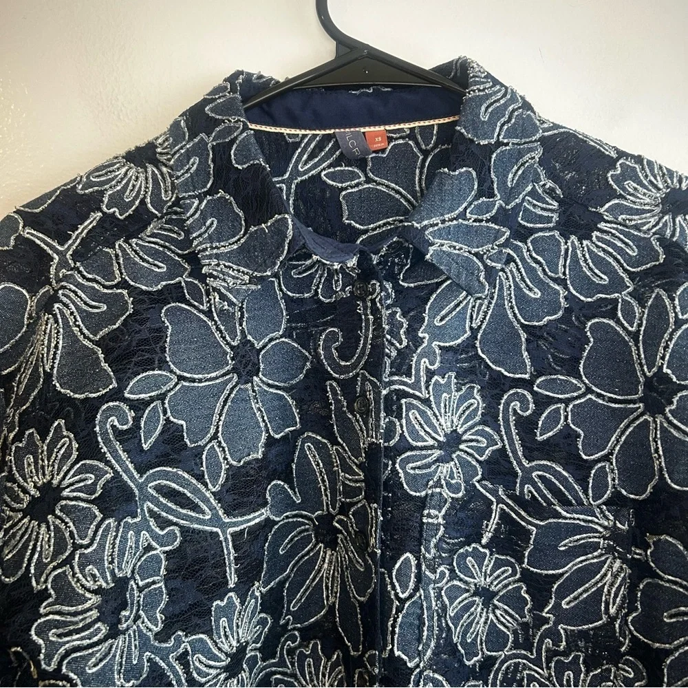Pilcro Anthropologie Navy Blue Sheer Lace Button Down Shirt Size XS